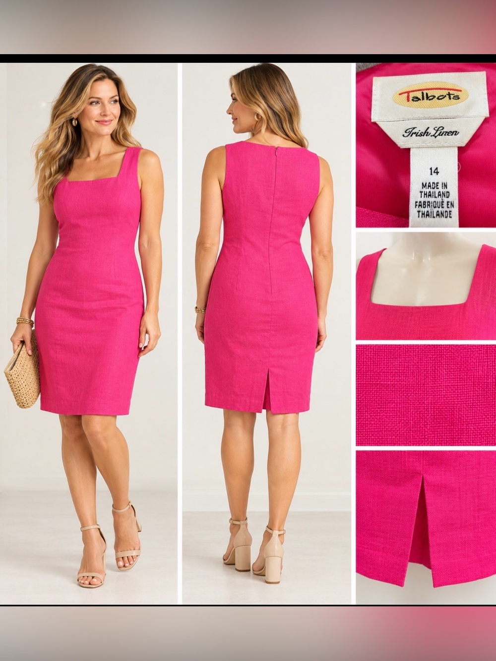 Talbots Irish Linen Dress Size 14 Hot Pink Sleeveless Sheath Career